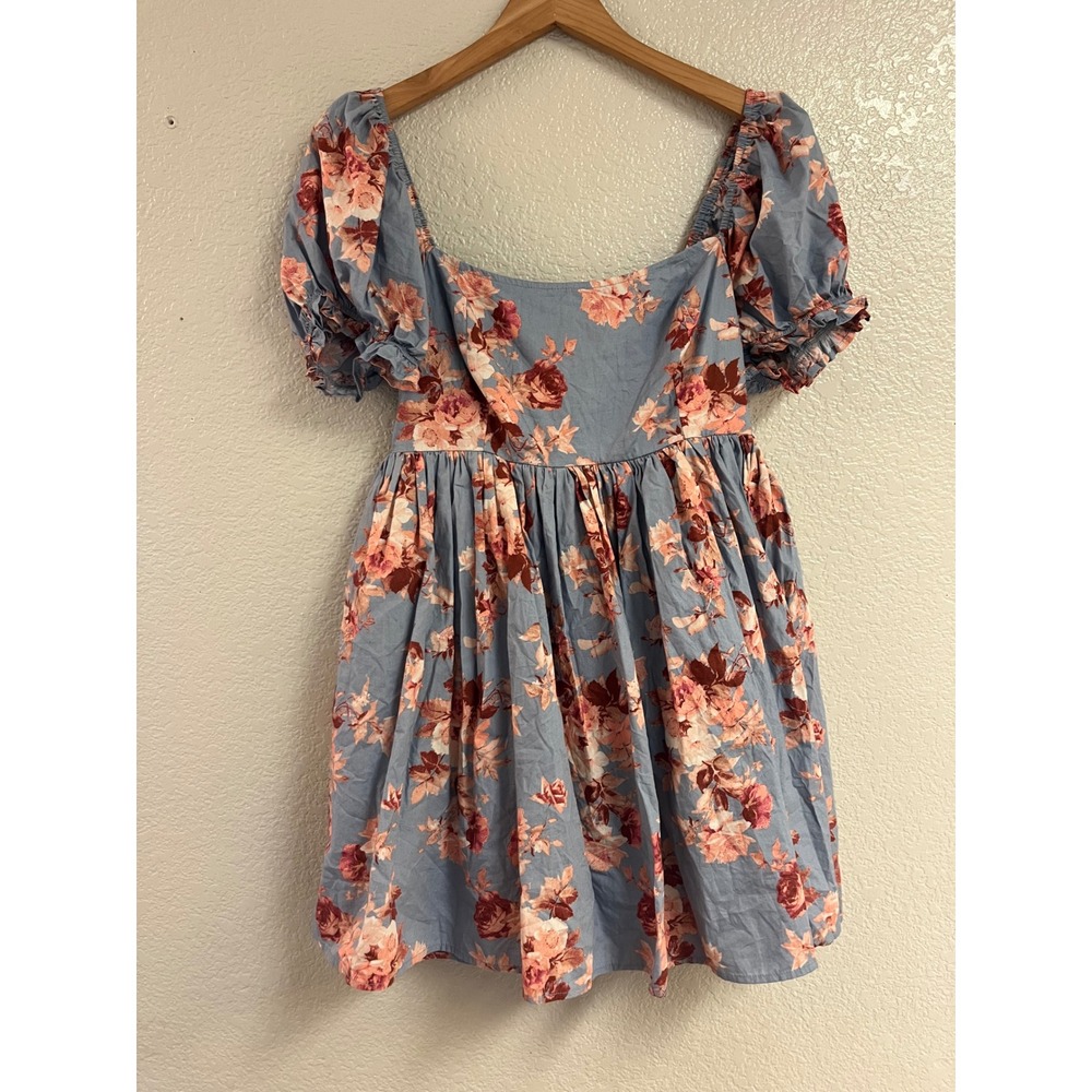 Altar'd State Blue Floral Puff Sleeve Babydoll Mini Dress Smocked Back Large